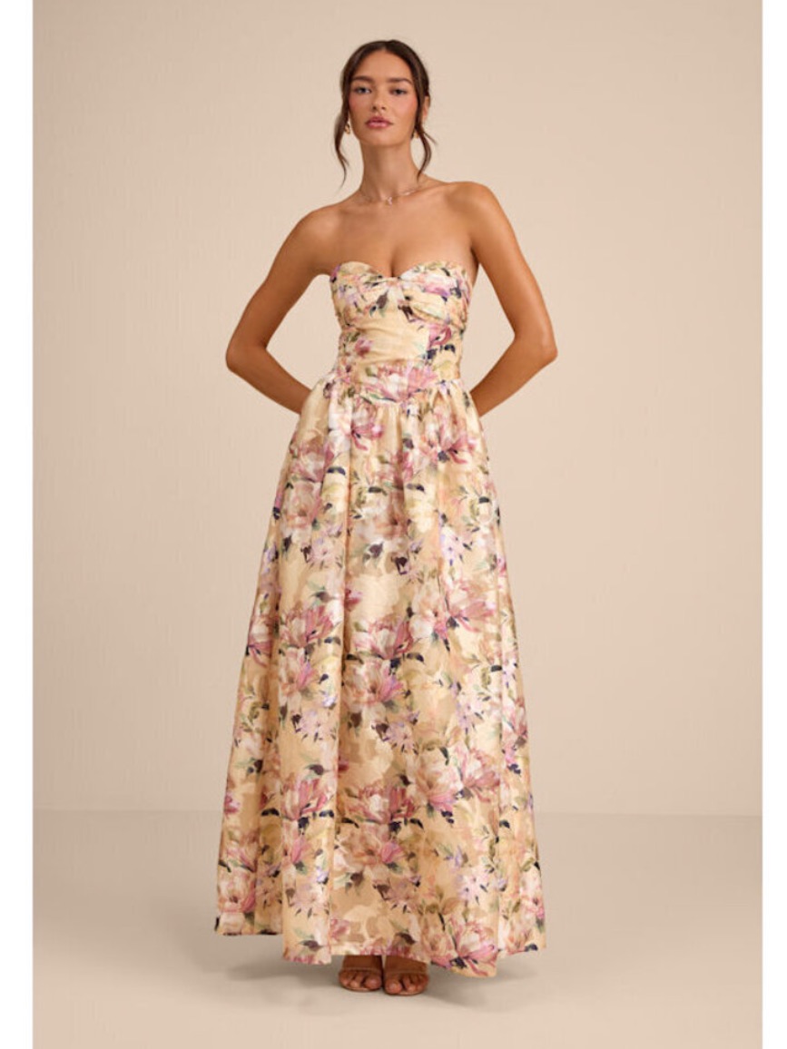 Lulus Kathani Yellow Floral Jacquard Bustier Maxi Dress Size Medium Strapless